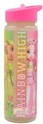 Hox Rainbow High Pink Reusable BPA free Kids Water Bottle with built in Carry Loop, Straw and Screw Lid - 600ml