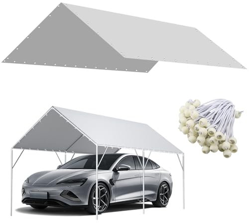 12 x 20 Ft Carport Replacement Canopy Cover Garage Top Tent Shelter Tarp,200G Heavy Duty Car Port Canopy Tent,Grey Waterproof & UV Protected Tarp with 52 Ball Bungees (Frame Not Include)