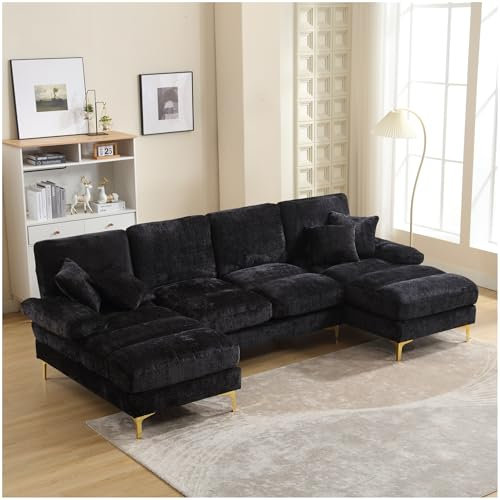 Sapgaks Canapé sectionnel en U Moderne,canapé 4 Places,Meuble rembourré Design Moderne,Tissu Chenille (Noir)