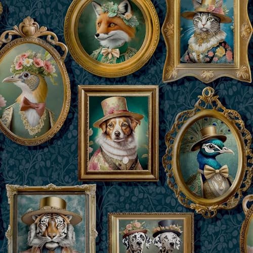 Imprimés d'animaux royaux dans des cadres photo dans des costumes de style victorien Papier peint parfait pour les murs d'accent, les chambres, bleu marine Holden 13791