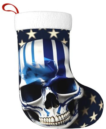 HTTUP Calcetín de Navidad esencial con estampado de calavera y estrellas de rayas azules, tamaño generoso, decoración de fiesta de Navidad, calcetines para adultos