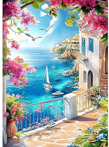 CEOVR Pintura de Diamantes 5D Paisaje Diamond Painting Adultos,30x40 cm Flores y Barcos Diamond Painting Kit Completo,Paisaje Costero Mosaico Diamante Pintura Arte para Decoración Hogar