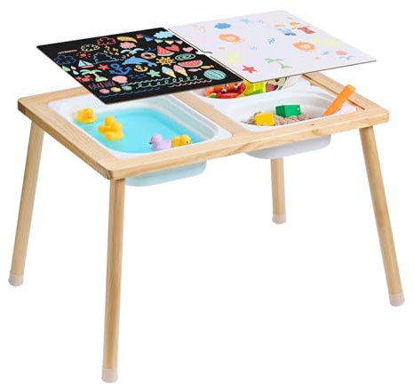 VEVOR Mesa Sensorial de Madera para Niños, Mesa de Actividades con 3 Contenedores de Almacenamiento Plegables y Tablero de Doble Cara, Mesa Sensorial de Agua y Arena para Juegos para Niños