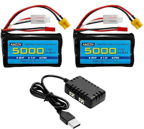 AMZZN 2 Stück 7,4V 5000mAh 2S Lithium-Ionen-Akku mit JST-Stecker und XT30-Stecker, ausgestattet mit 2-in-1-Ladegerät, geeignet für Fernbedienung TX16S, TX18S, RC4GS, TX12