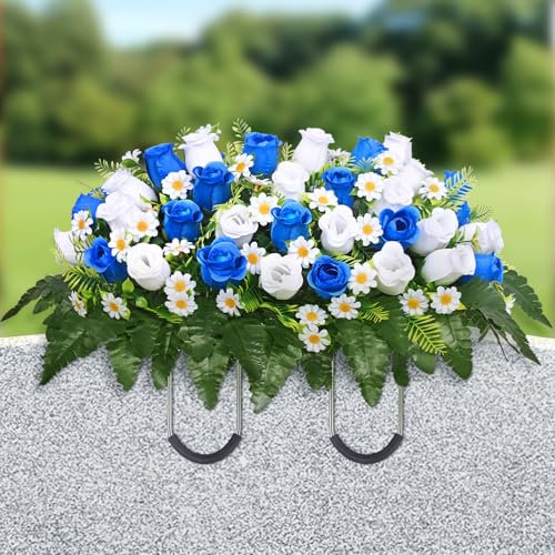 Dolicer Künstliche Friedhofsblumen für Grab, Grabstein Blumensatteloptik Echte Grabschmuck Gedenkblumen für Friedhof UV-beständige Rosenblumen für Grabsteine Friedhof Grabdekorationen (Blau, Weiß)