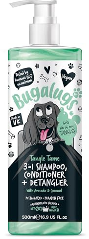 BUGALUGS Dog Shampoo Tangle Tame 3 in 1 Avocado & Coconut dog grooming shampoo, conditioner & detangler - products for smelly dogs with fragrance, best puppy shampoo, professional groom (500ml)