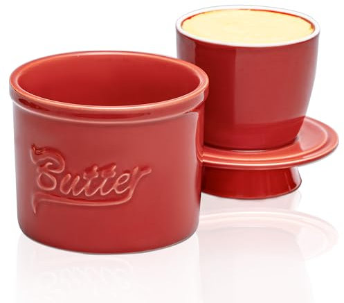 LUMIN TUTU Butterdose Keramik, Wassergekühlte Butterglocke für streichzarte Butter, Französische Butterdose mit Deckel, Wasserlinie für optimale Frische, Stilvolles Vintage-Design, Korallenrot