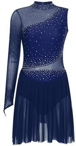 Freebily Damen Eiskunstlauf Kleid Glitzer Tanzkleid Trikot Asymmetrisch-Langarm Mit Mesh-Patchwork Rollkunstlauf Gymnastik Tanzkostüm Marineblau S