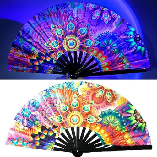 Kuehssn Folding Fan Led Fan Light Up Hand Fans, Glow Large Raves Wood Folding Clack Hand Fans, For Music Festival,Club,Event,Dance Decoration