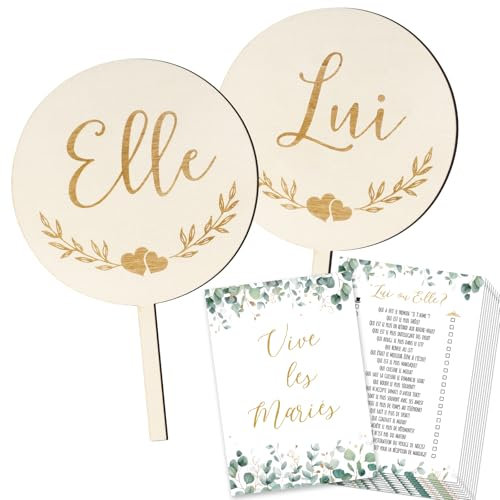Jeu de mariage pour les Invités 2pcs Elle et Lui Pancarte en Bois et 10 Feuilles Quiz des Mariés Cartes de Questions Jeu d'Animation de Mariage Amusant Décoration Mariage
