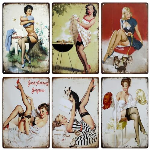 Retro vintage Pin Up Lady Metallschilder Blechschild, 6 Stück Blech Metall Schilder Poster Wandschild Wanddekoration für Haus, Café-Bar, Club,Toilette,Restaurant,20cm x30cm