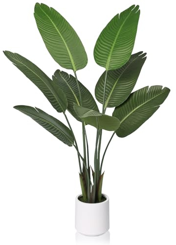 VeriNatural 120cm Tall Artificial Bird of Paradise Plant Indoor Fake Plant Tree - Large Decorative Faux Banana Palm with Green Moss & White Pot - Home House Decor for Living Room or Office, VN216