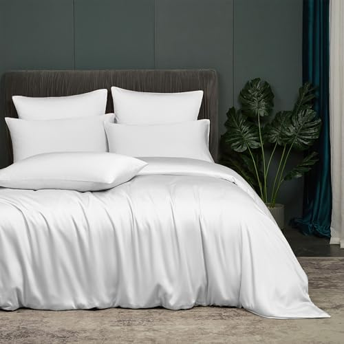 Luowei Sommer Bettwäsche 200 x 220 cm Bambus Polyester, Kühlend, Weiß | Oeko-TEX Atmungsaktiv & Leicht Bettwäsche Set Weich & Langlebig Bettbezug mit Reißverschluss und 2 Kissenbezüge 80x80cm