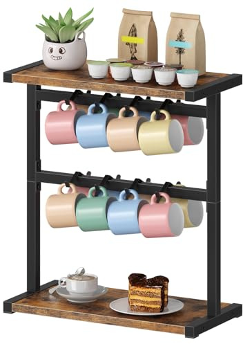 HOOBRO Porta Tazze da Caffè con 16 Ganci, Porta Tazzine da Appendere con 2 Ripiani in Legno, Supporto Tazze per Cucina e Piano di Lavoro, Marrone Vintage e Nero EBF35TL01