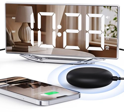 Mesqool Spiegel Digital Wecker mit Vibration, Wecker Laut für Tiefschläfer, Großes LED-Display mit Einstellbare Helligkeit, Vibrationwecker mit Snooze Doppelwecker, USB Anschluss, mit Netzkabel