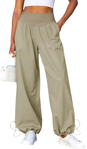 Fisoew Damen Hose mit weitem Bein Lässige Baggy Trainingshose mit hoher Taille Lounge Hose mit Taschen und Kordelzug am Saum
