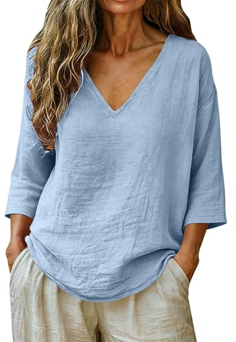 Nidddiv Blusa de lino para mujer, verano, manga 3/4, manga corta, muselina, camiseta de lino, cuello en V, elegante, algodón y lino, camiseta informal de verano, blusa holgada, blusa ligera y aireada