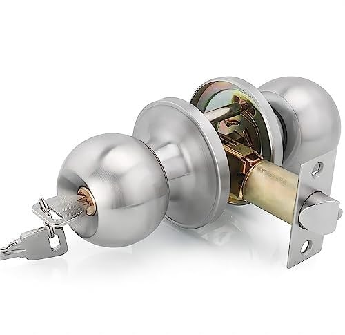 Qrity 2 Packs Stainless Steel Entracne Passage Door Handle Lock Knobs Lockset - Key Locking - Copper Lock Core - Latch Size 60/70mm