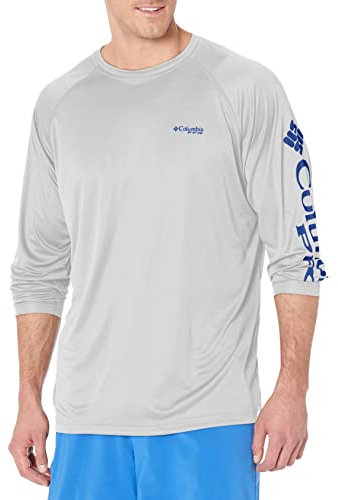 Columbia Men's Terminal Tackle Long Sleeve Fishing Shirt, Cool Grey/Vivid Blue Logo, Large