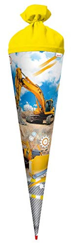 ROTH Schultüte groß Bagger 70 cm - rund Rot(h)-Spitze Filzverschluss - Zuckertüte Schulanfang Baustelle
