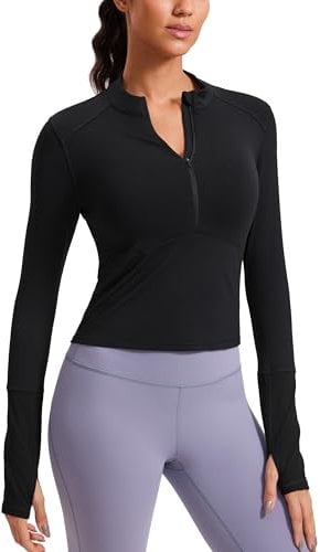 CRZ YOGA Women's 1/2 Zip Long Sleeve Crop Top Stretchy Sports Fitness Tops Running Gym Shirts with Thumb Holes Black 12