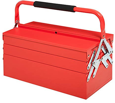 HOMCOM Boite à outils métallique - coffret à outils - caisse à outils 3 niveaux 5 plateaux rétractables - tôle acier rouge (45 x 20 x 34 cm)