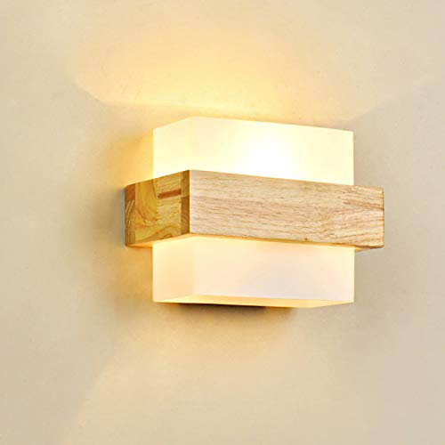 LMAMZ Lampe de Chevet Murale Bois, Lampe Murale Industrille Vintage, Applique Murale Scandinave Enfant en Bois Style Simple pour Chevet Salon Escalier Chambre à Coucher, Abat Jour en Verre Blanc,B