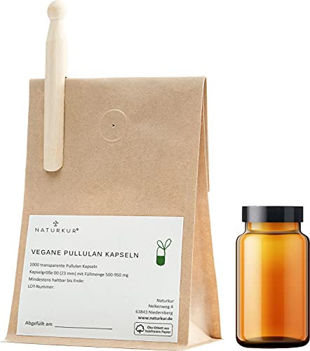 Naturkur® vegane Pullulan Leerkapseln Gr. 00 im Biotre-Beutel + Apothekerglas - 1000 Stück, laborgeprüft, rein pflanzliche Fermentation, Leerkapseln zum Befüllen