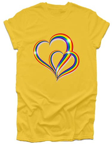 GP-Tees 2 Pride Hearts LGBTQ LGBTQ Community Out & Proud Premium Quality Loose Fit T-Shirt Top for Ladies (Daisy Yellow - Medium)