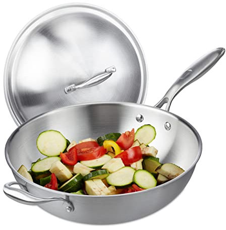 Relaxdays Sartén Wok, 32 cm Ø, Acero Inoxidable Sin Recubrimiento, Inducción, Gas y Eléctrica, con Tapa y Asa, Plateado