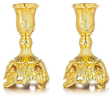 Tiardey 2Pcs 3,9 Zoll Schabbat Kerzenhalter Halter Konische Kerzenhalter,Verzierte Kerzenhalter Für Zuhause Dekorieren Büro Hochzeit Tischdekoration - Gold