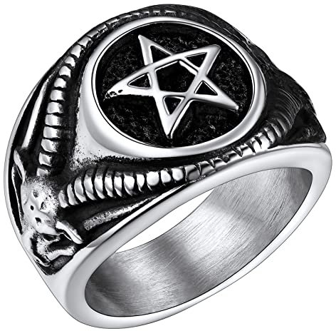 FaithHeart Punk Herren Siegelring Edelstahl Inverted Pentagram Fingerring Jungen Partnerring Freundschaftsring für Valentinstag Weihnachten