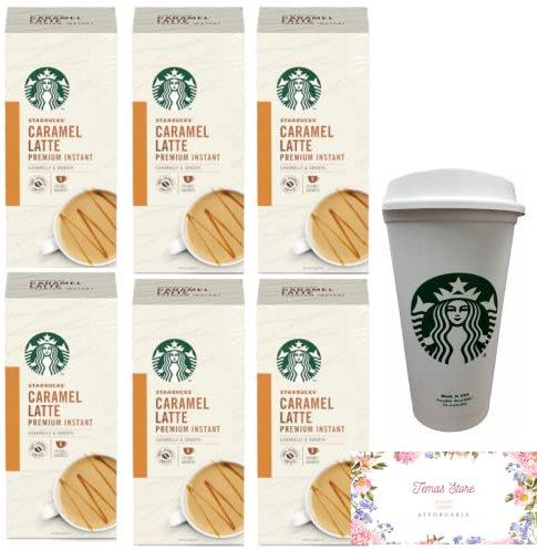 Starbucks Coffee Bundled With White Reusable Hot Coffee Travel Mug/Cup With Lid 16 Oz 473ml| Starbucks Caramel Latte x 30 Sachets| Instant Coffee|Add Hot Water & Stir| Barista Coffee At Home or Work