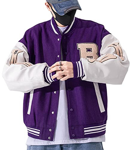 GIJOVANA Giacca Baseball Uomo Varsity Jacket Casual Cappotto Donna Moto Giubbotto da Coppia(Viola,L)