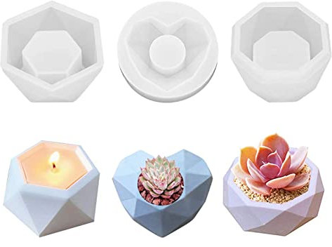 EXQULEG Blumentopf Silikonform, Herzform, Sechseck, Achteck Blumentopf Gießform DIY Blumentopf Formen Candle Holder Resin Mold, DIY Sukkulente Topf Formen für Harz, Ton, Beton