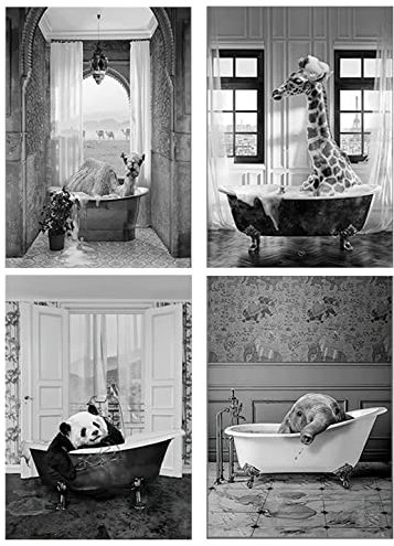 LPFNSF Badezimmer Bilder Bad Tier Giraffe Elefant in der Badewanne Bild Lustige Wandkunst Drucke Leinwand Poster des Badezimmers Ohne Rahmen.(Style 1,30x40cm*4)