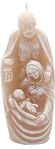 Dekohelden24 Hochwertige Kerze als Heilige Familie in Hellbraun mit Glitter, Größe L/B/H: ca. 6 x 7 x 22 cm