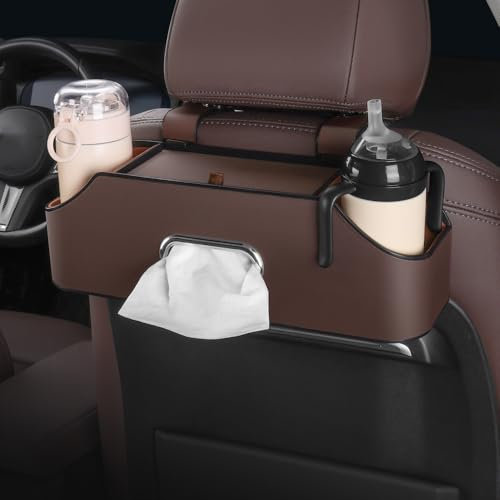 HAOTULE New car headrest rear seat multifunctional storage box, partition design, with cup holder, tissue box, headrest hook, suitable for children and adults, car travel accessories（Coffee color）