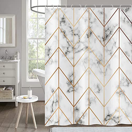 Hnmdmyi Duschvorhang Marmor Optik 180x200, Grau und Weiß Duschvorhänge Gold Geometrische Linie Abstrakt Modern Luxus Kunst Badewanne Vorhang Wasserdicht Polyester Stoff Waschbar Badevorhang mit Haken