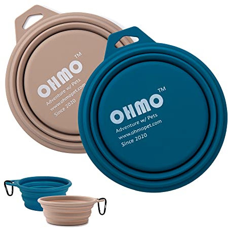 OHMO Gamelle Pliable pour Chien, (Lot de 2, 400ml, Bleu et Beige) Bols en Silicone de qualité supérieure pour Animaux de Compagnie pour Chats et Chiens, gamelle de Voyage pour Chien Portables