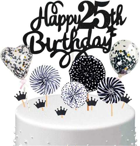 Conruich Tortendeko 25. Geburtstag Mann, Kuchen Topper Happy 25th Birthday Schwarz, Glitzer Cake Topper 25. Geburtstag Ballons Konfetti Papierfächer für Geburtstagstorte Deko 25 Jahre Frauen Männer