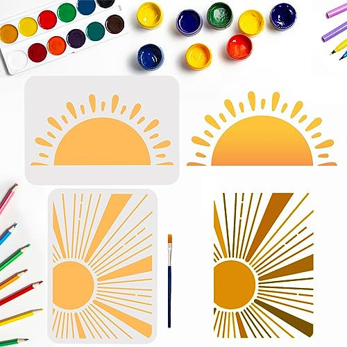 MAYJOYDIY 2 Stück Sonnenstrahl Schablone 29.7×21cm Boho Sonnen Malschablonen Mit Pinsel Wiederverwendbare Aufgehende Sonne Vorlage Zum Malen Für Holz Wände Fenster Heimwerker Dekoration
