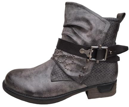 Damen Stiefel Biker Boots gefüttert - Stiefeletten mit Nieten Blockabsatz - Used Look Herbst Winter Frauen Schuhe Schnallen - Z006 – Khaki 36