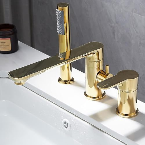 VECNUM 3 Loch Wannenrandarmatur Mit Ausziehbarem Handbrause Wannenrand Badewanne Armatur Set,Gold