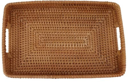 Bandeja para Servir de Ratán, Rectangular, de Gran Capacidad, Multifuncional, para Frutas, Magdalenas, Dulces, Postres, Cesta con Asa para Decoración de Mesa de Cocina en el Hogar(L)