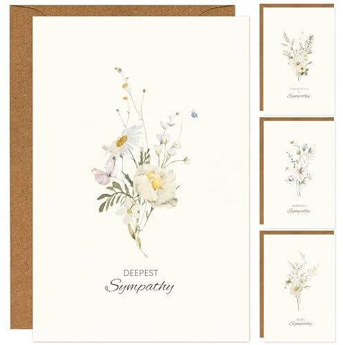 Crisky 4 Pack Watercolor White WildFlower Sympathy Cards with Envelopes Sealed 4 Assortment Condolence/Bereavement Cards