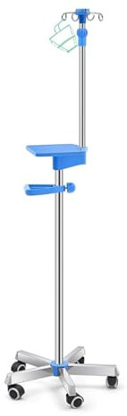 IV Pole with Tray — IV Poles with Wheels IV Stands 4 Hooks 5 Legs Rolling Base with Heavy Duty Stainless Steel, Adjustable Height