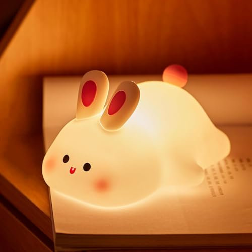 Growalleter Big Face Rabbit Light, Silicone Bunny Lamp, 3 Colors Dimmable Rabbit Lamp, Rechargeable Cute Bunny Night Light for Kids/Baby Nursery Decor (White)