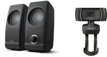 Trust Remo 2.0 Set de Altavoces, Jack 3.5 mm, 16 W, 50-20000 Hz Respuesta Frecuente & Trino HD Webcam con Microfono, 1280 x 720, Enfoque Fijo, Soporte Universal, USB 2.0, Camara
