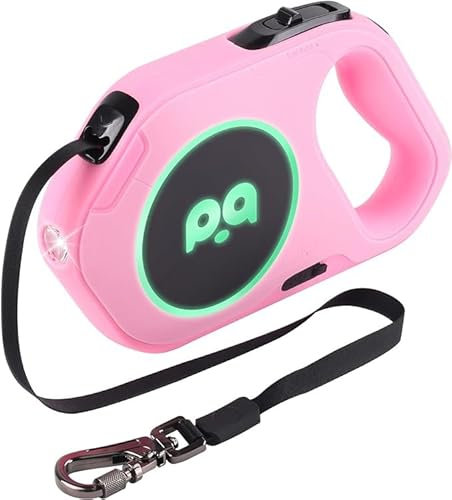 Einziehbare Hundeleine Aufgerüstet Wiederaufladbar mit LED-Licht, Einhandbremse und Entriegelung Verwicklungsfreie Haustierleinen 16ft/5m Nylonband für bis zu 88lbs kleine mittelgroße Hunde (rosa)